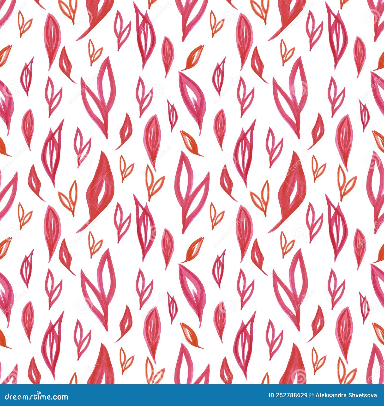 Hand Drawn Watercolor Red Abstract Leaves Seamless Pattern on the White