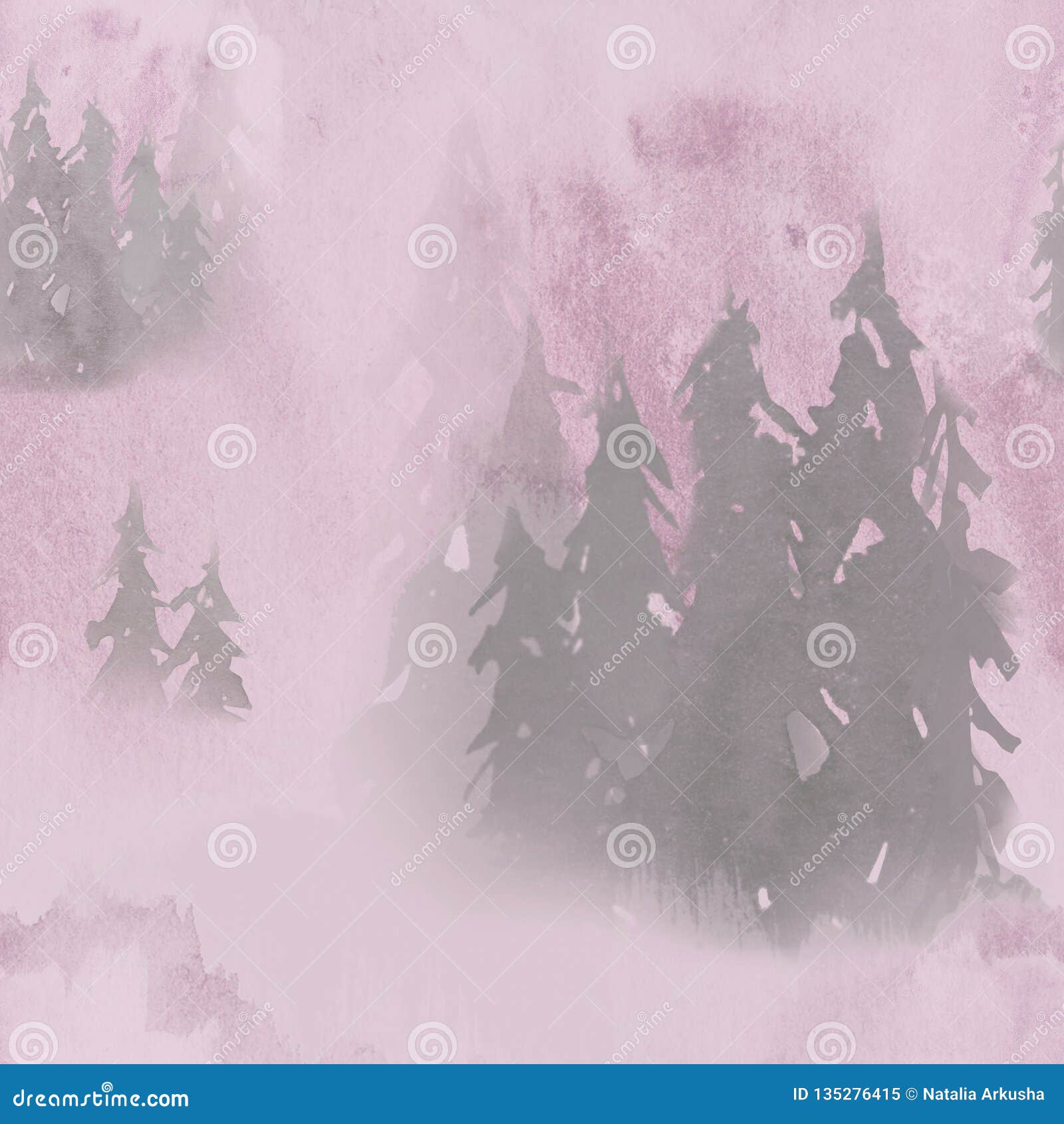 hand drawn watercolor seamless pattern in fog forest