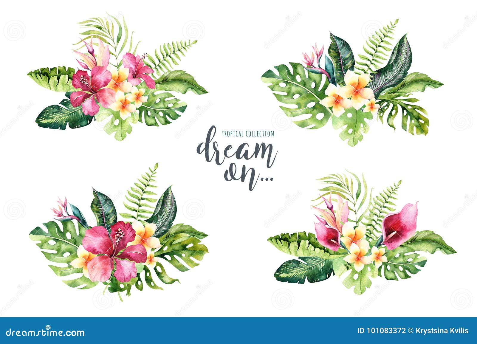 hand drawn watercolor tropical flower bouquets. exotic palm leaves, jungle tree, brazil tropic botany s and