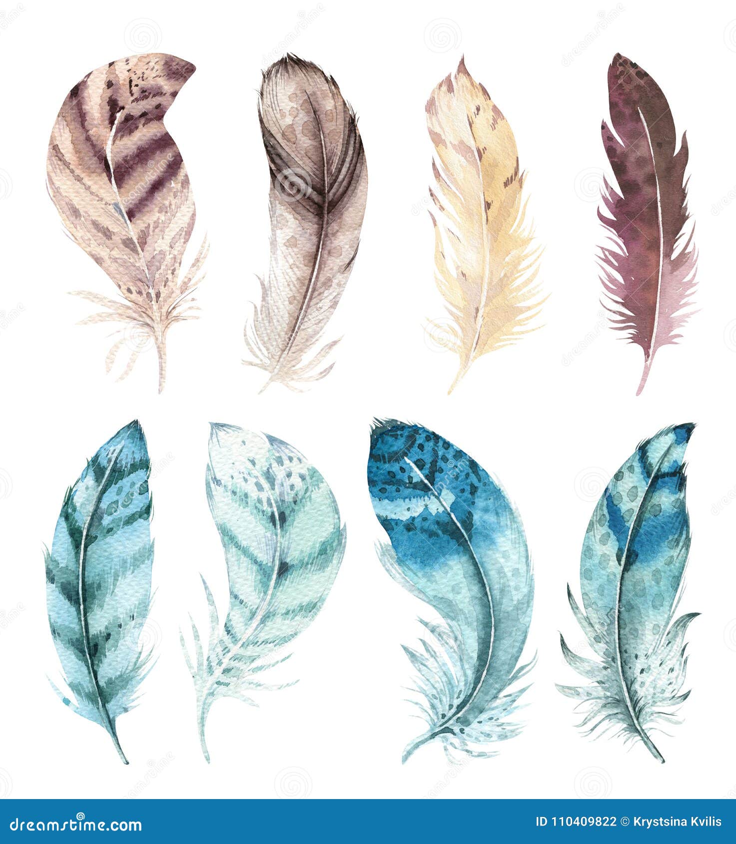 hand drawn watercolor vibrant feather set. boho style.   on white. bird fly feathers  for