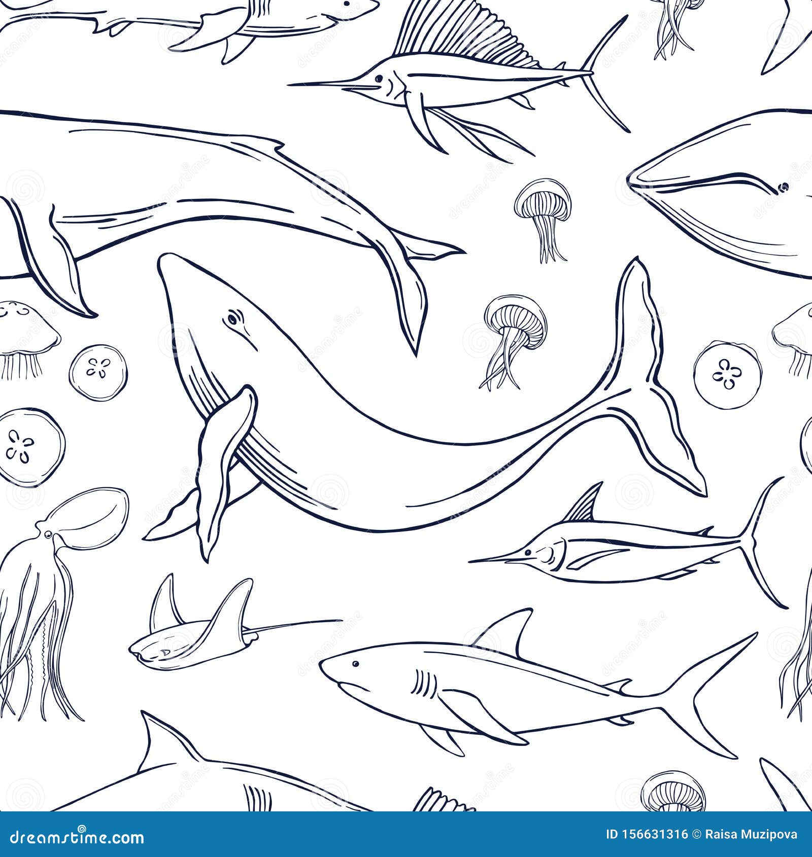 Hand Drawn Whales and Fish. Vector Pattern Stock Vector Illustration