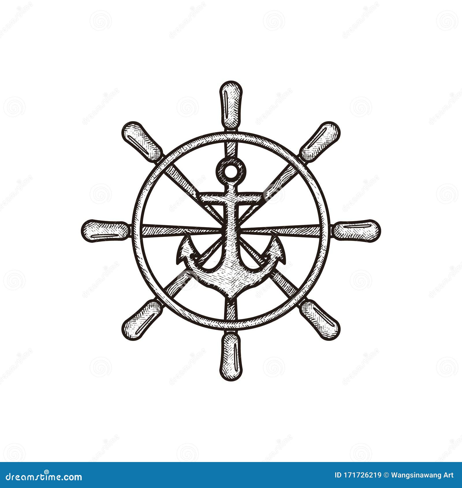 Hand Drawn Wheel Steering Boat. Anchor Nautical Logo Ideas