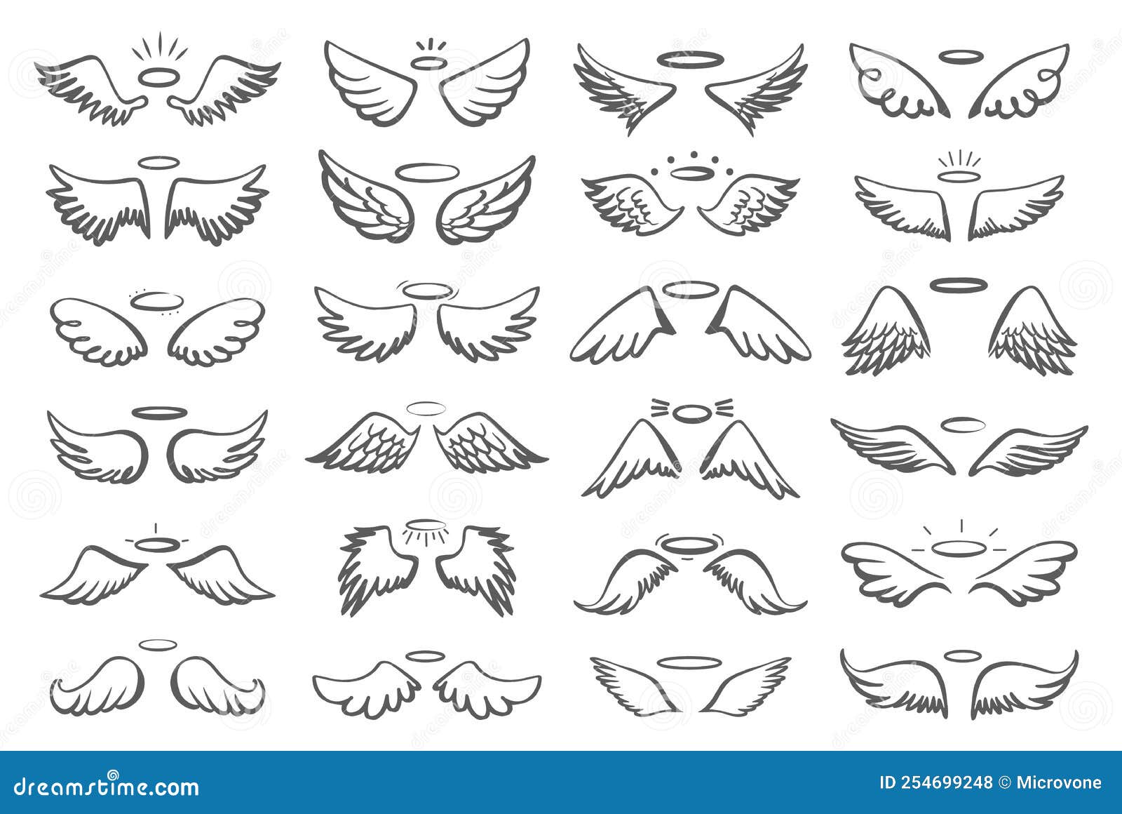 Hand Drawn Wings with Halo. Holy Angels Symbols, Sketch Drawing Elements for Print or Decor