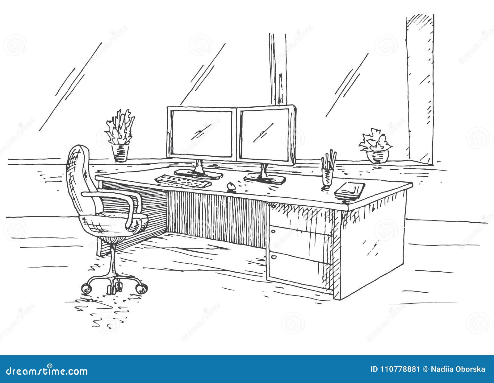Sketch the room. Office chair, desk, various objects on the table. Sketch  workspace. Vector | Stock vector | Colourbox