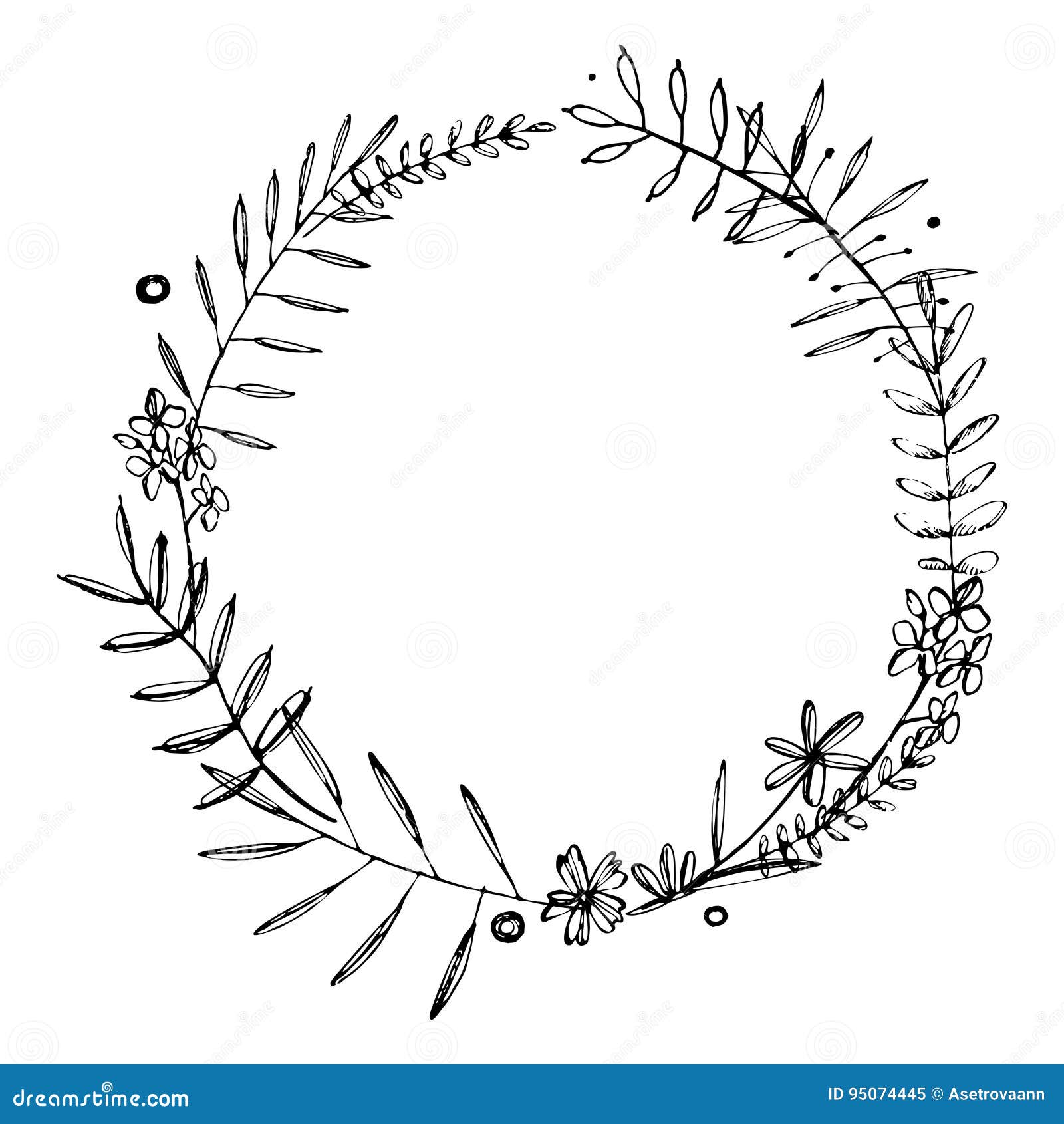 Hand Drawn Wreath of Doodle Flowers. Grafic Summer Floral Elements. Stock Vector Illustration