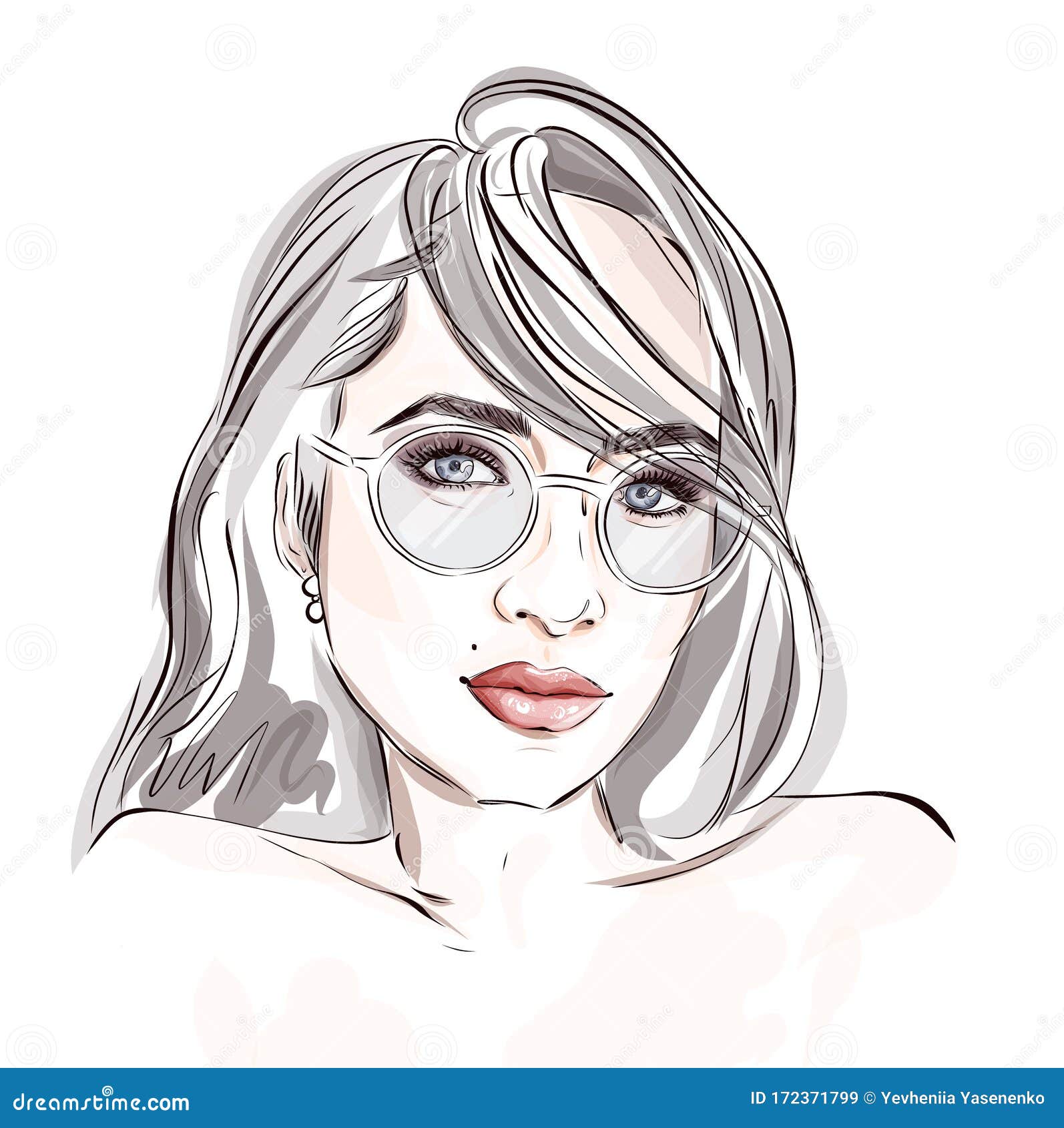 Hand-drawn Young Beautiful Brunette Girl in Sunglasses. Fashion ...