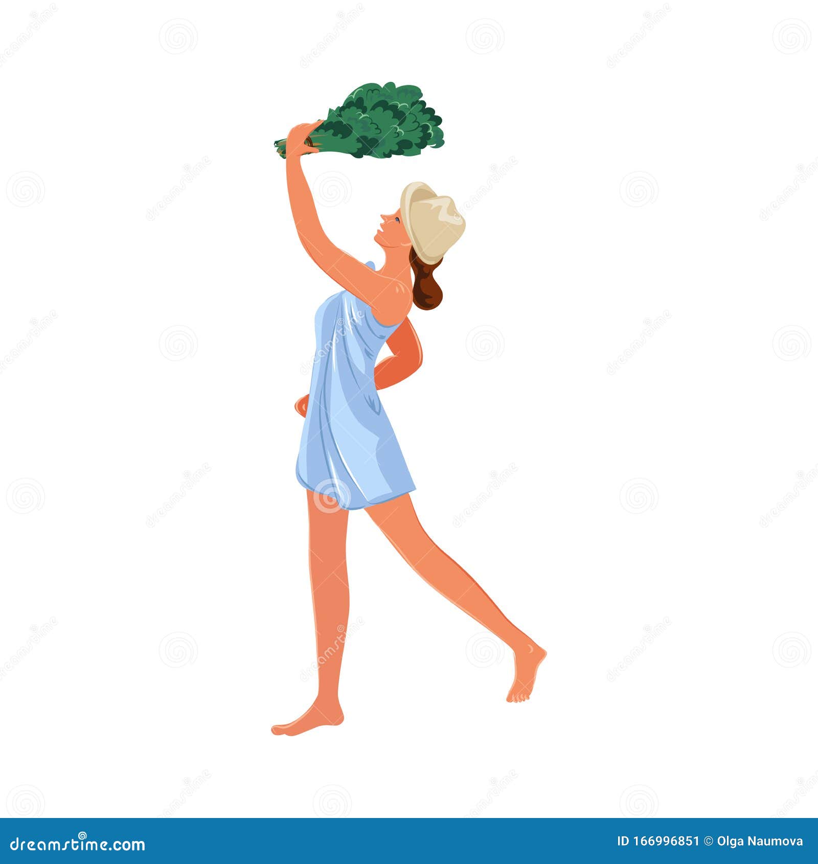 Woman in Towel with Broom Standing in Bathhouse Vector Illustration ...