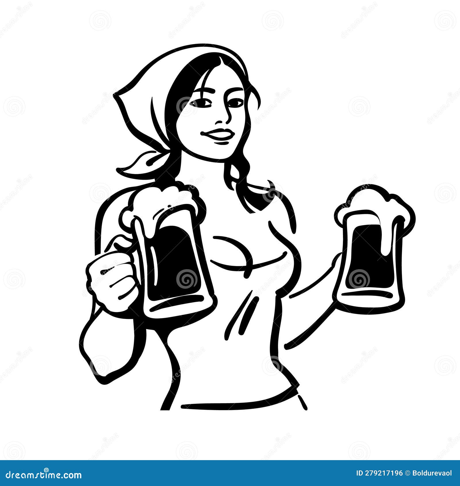 Hand Drawn Young Waitress, Serving Big Beer Mugs. Sketch of Beautiful ...