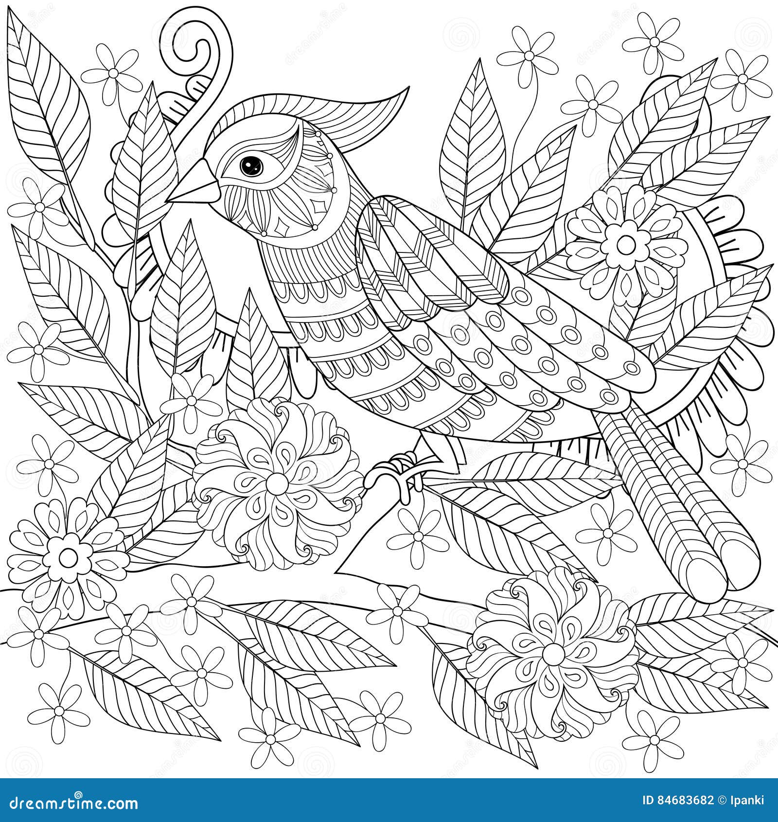 Hand Drawn Zentangle Bird Sitting on Blooming Tree Branch for Ad Stock ...