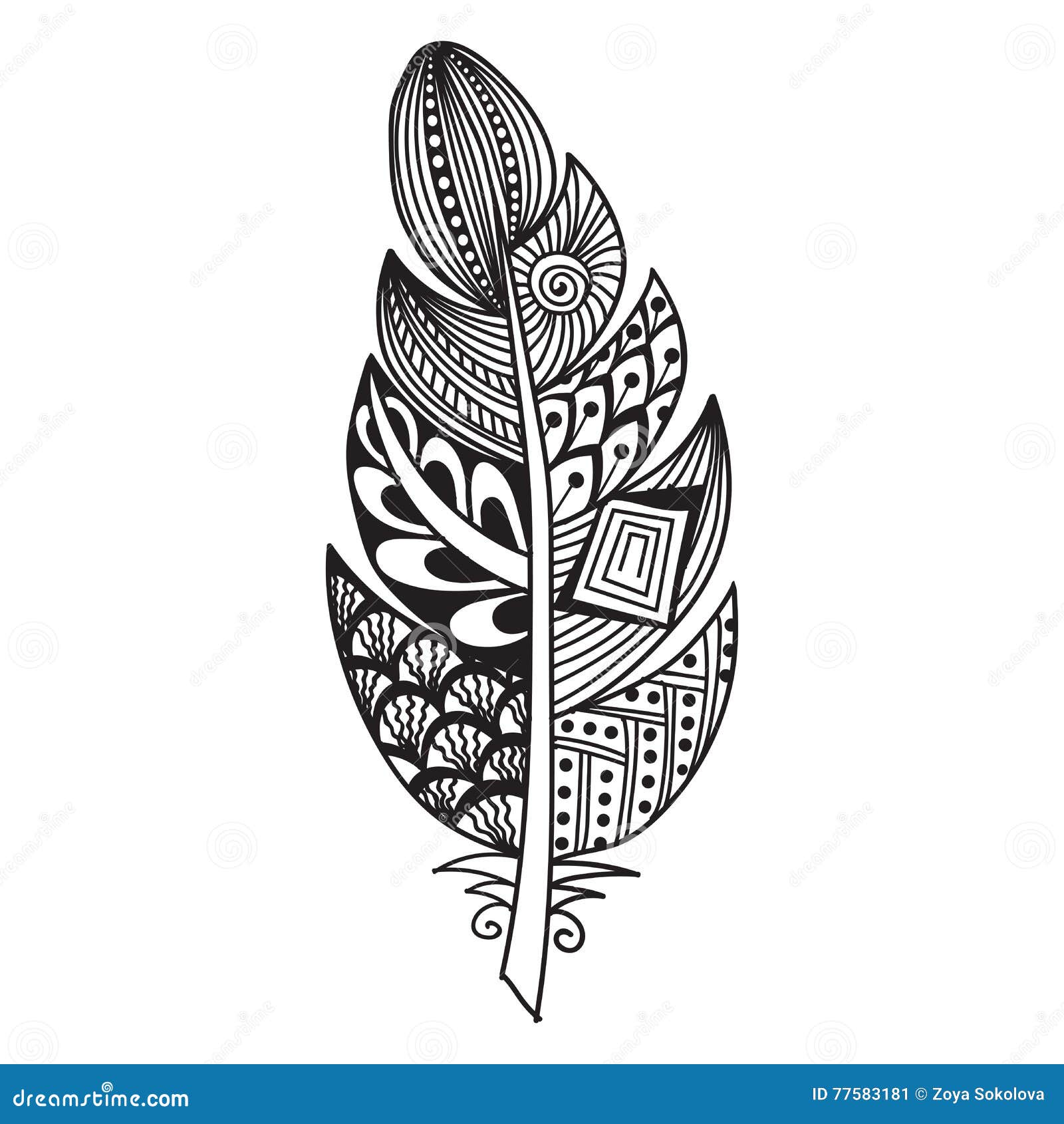 Hand Drawn Zentangle Feather on White Background Stock Vector