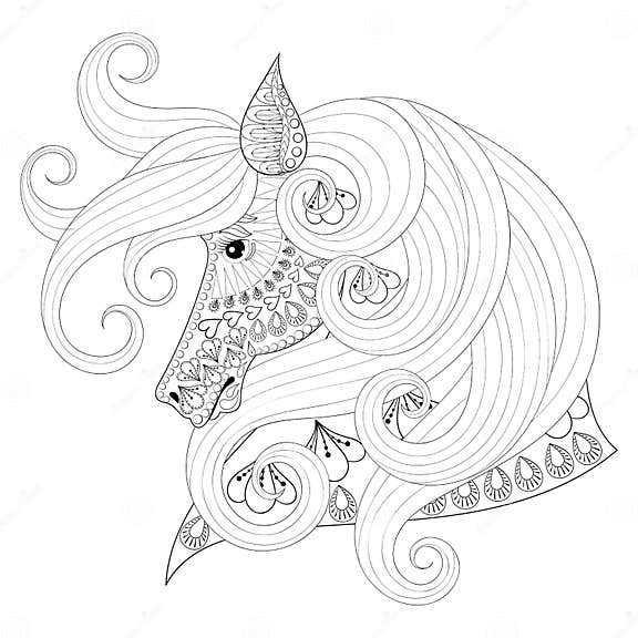 Hand Drawn Zentangle Ornamental Horse for Adult Coloring Pages, Stock ...