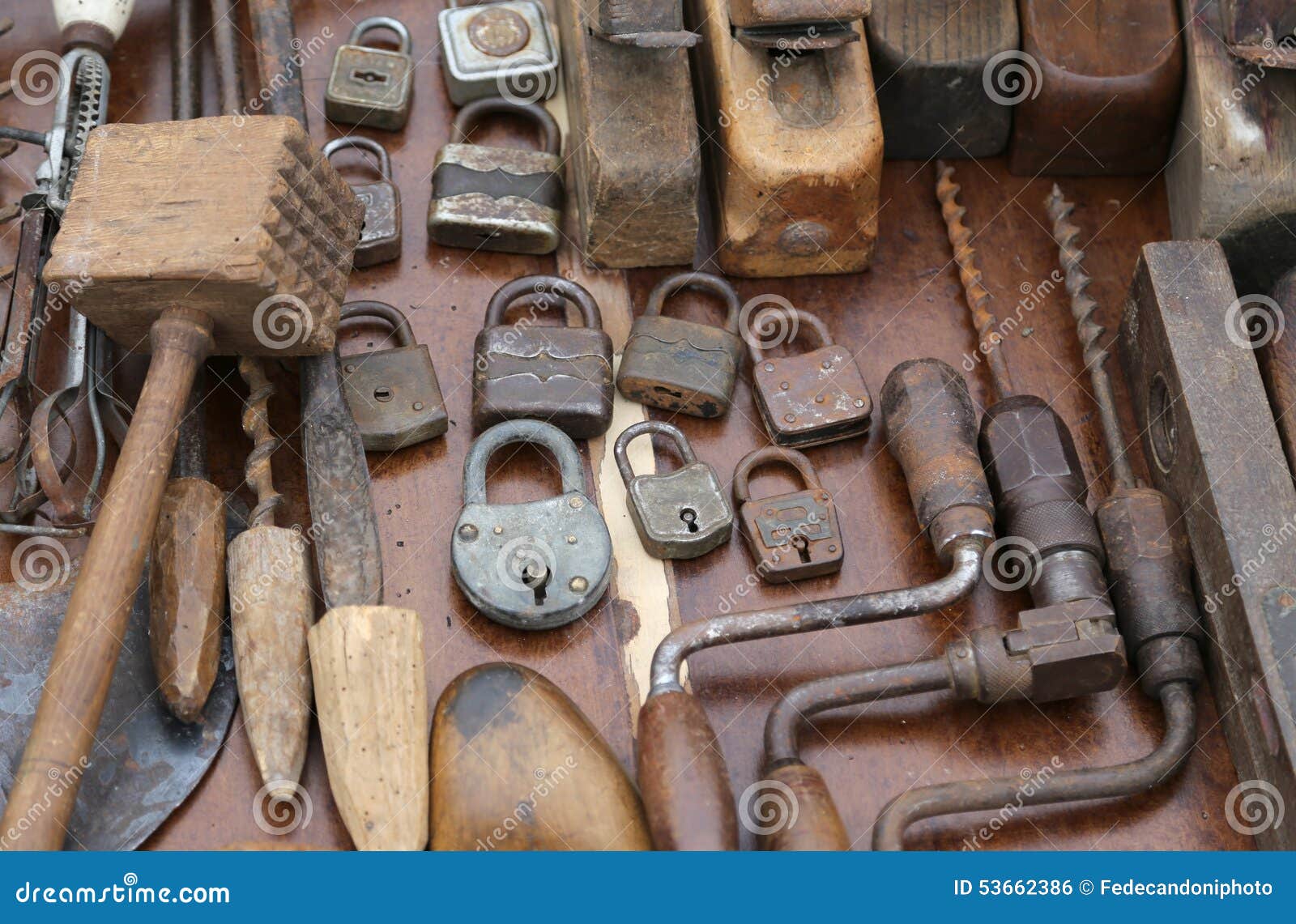 Hand Drill and Rusty Padlocks and TOOLS Stock Photo Image of