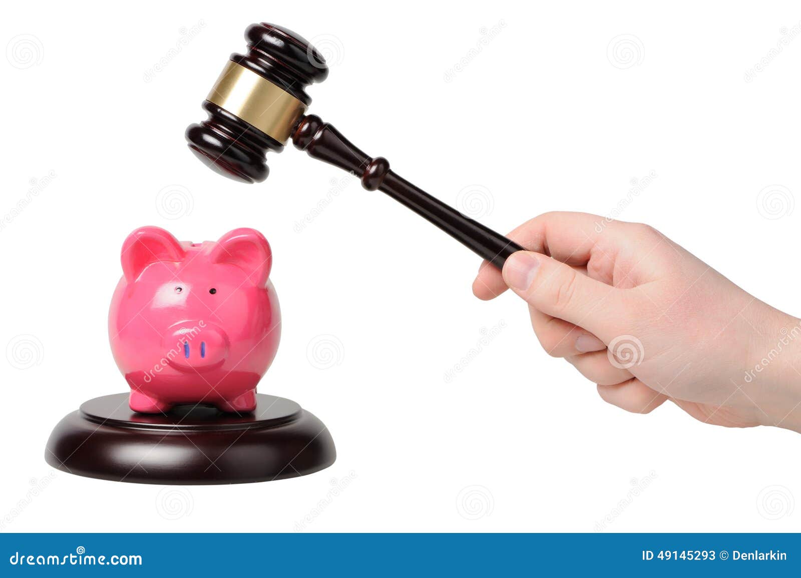 hand with gavel beats on a piggy bank