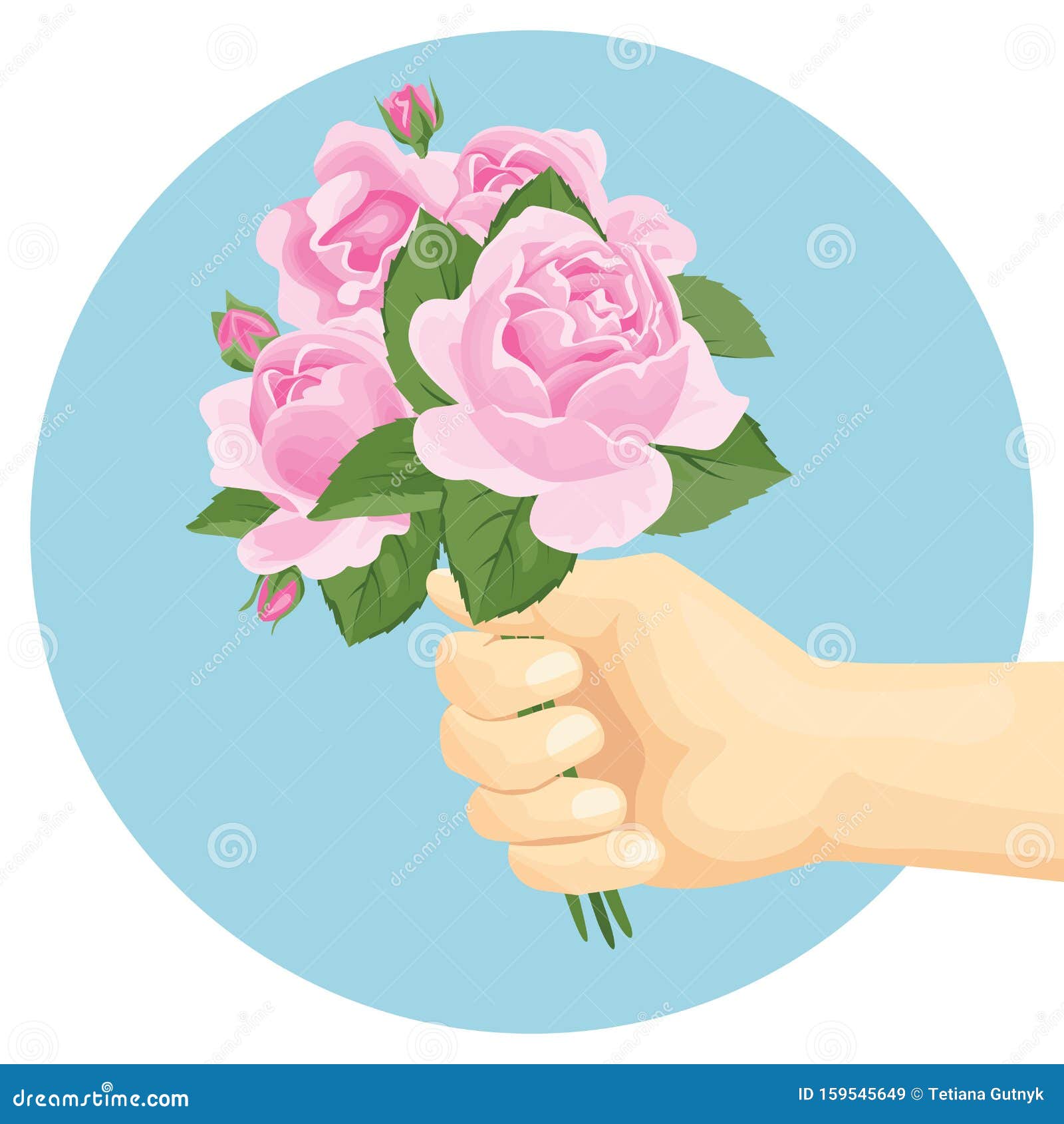 Hand geeft bouquet roze rozen Mooie bloemen als cadeau Kaart, banner Vector festive illustratie in cartoon eenvoudige vlakke stijl