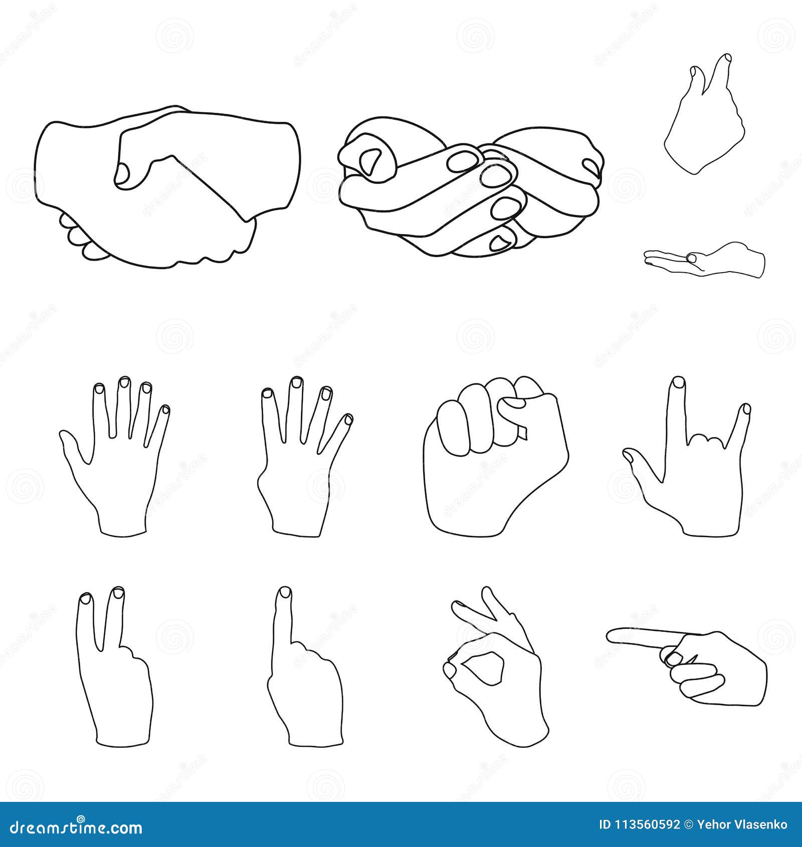 Hand gesture outline icons in set collection for design. Palm and finger vector symbol stock web illustration.