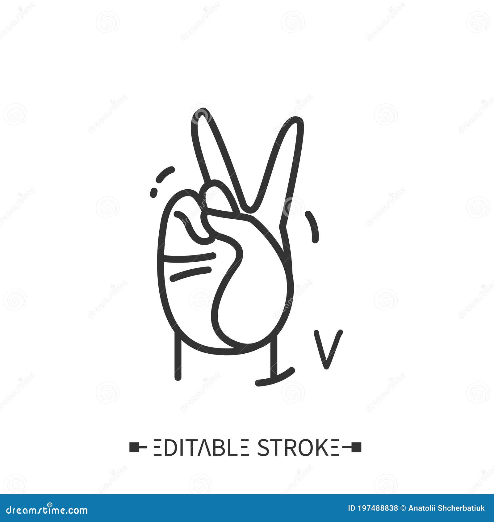 hand gesture showing v letter line icon. editable