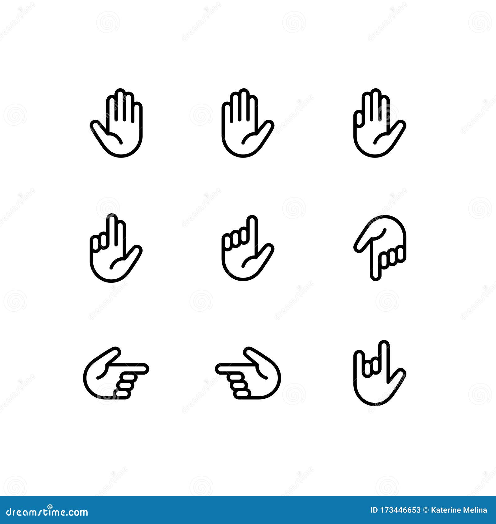 Hand Gestures And Sign Language Thin Line Icon Set Stock Illustration