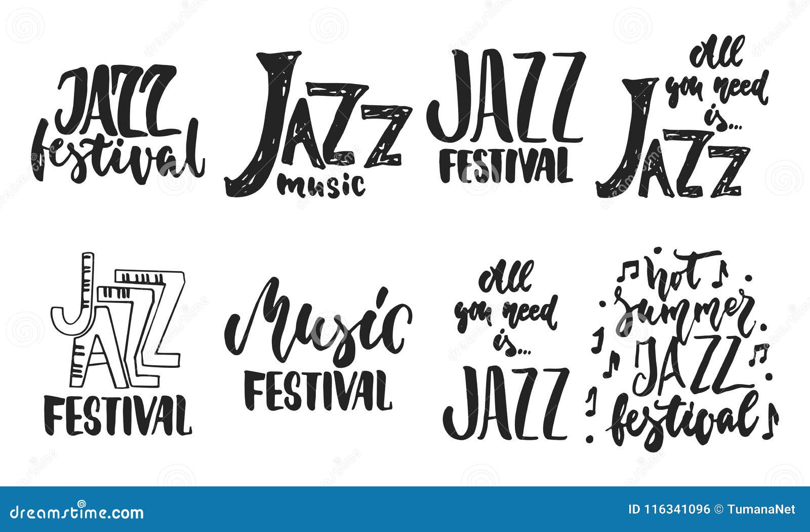 Hand getrokken die het van letters voorzien citaten over de inzamelingen van het Jazzfestival op de witte achtergrond worden geïs