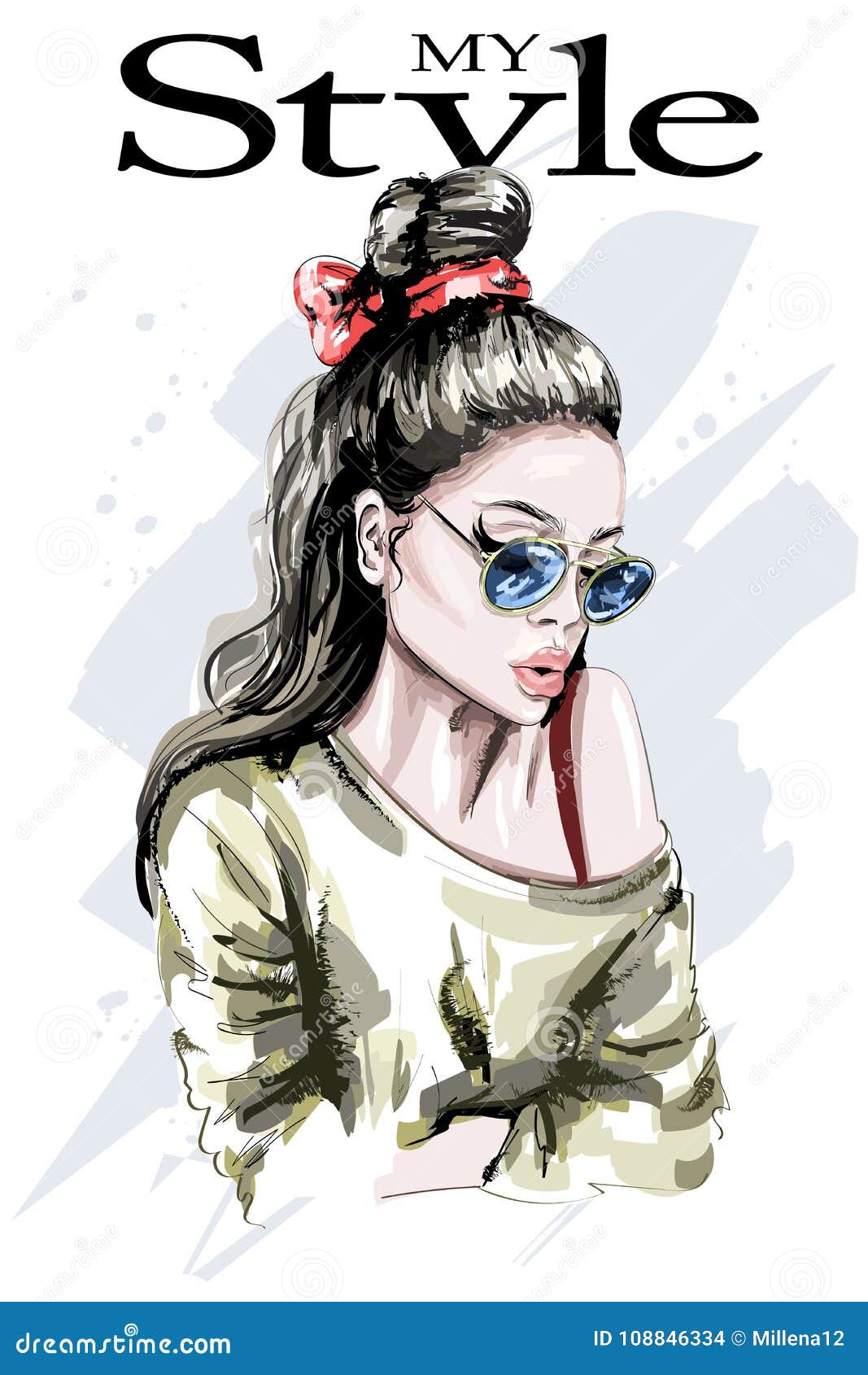 Hand gezeichnetes Schönheitsporträt Art und Weisefrau Stilvolle Dame mit dem langen Haar Nettes Mädchen in der Sonnenbrille mit Modefrisur skizze