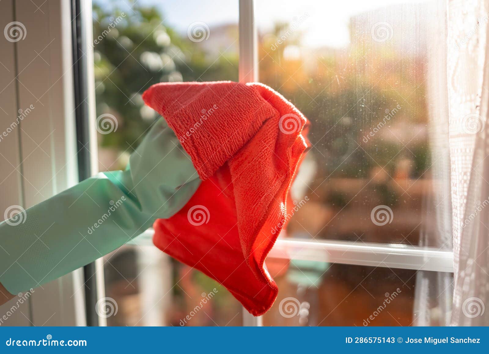 Hand with Glove and Holding a Cloth for Cleaning the Glass of the Doors