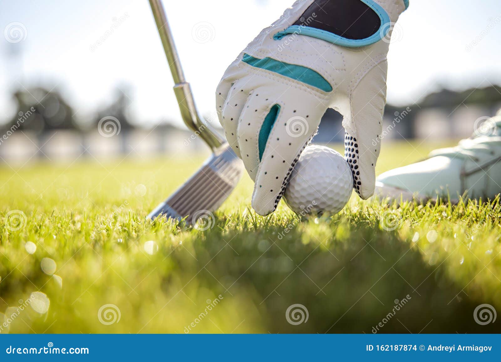 Hand in Glove Placing Golf Ball on Tee Stock Photo Image of background, closeup 162187874