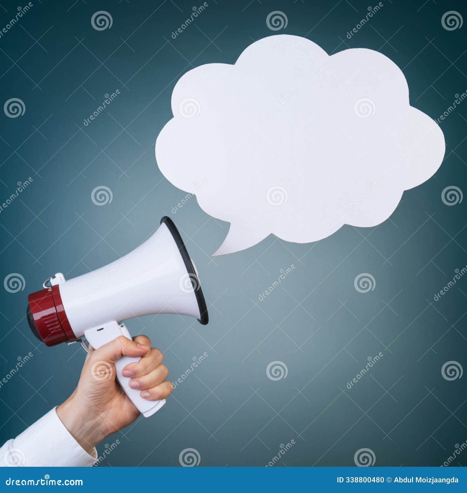 hand with megaphone, cloud d speech bubble on gradient blue background