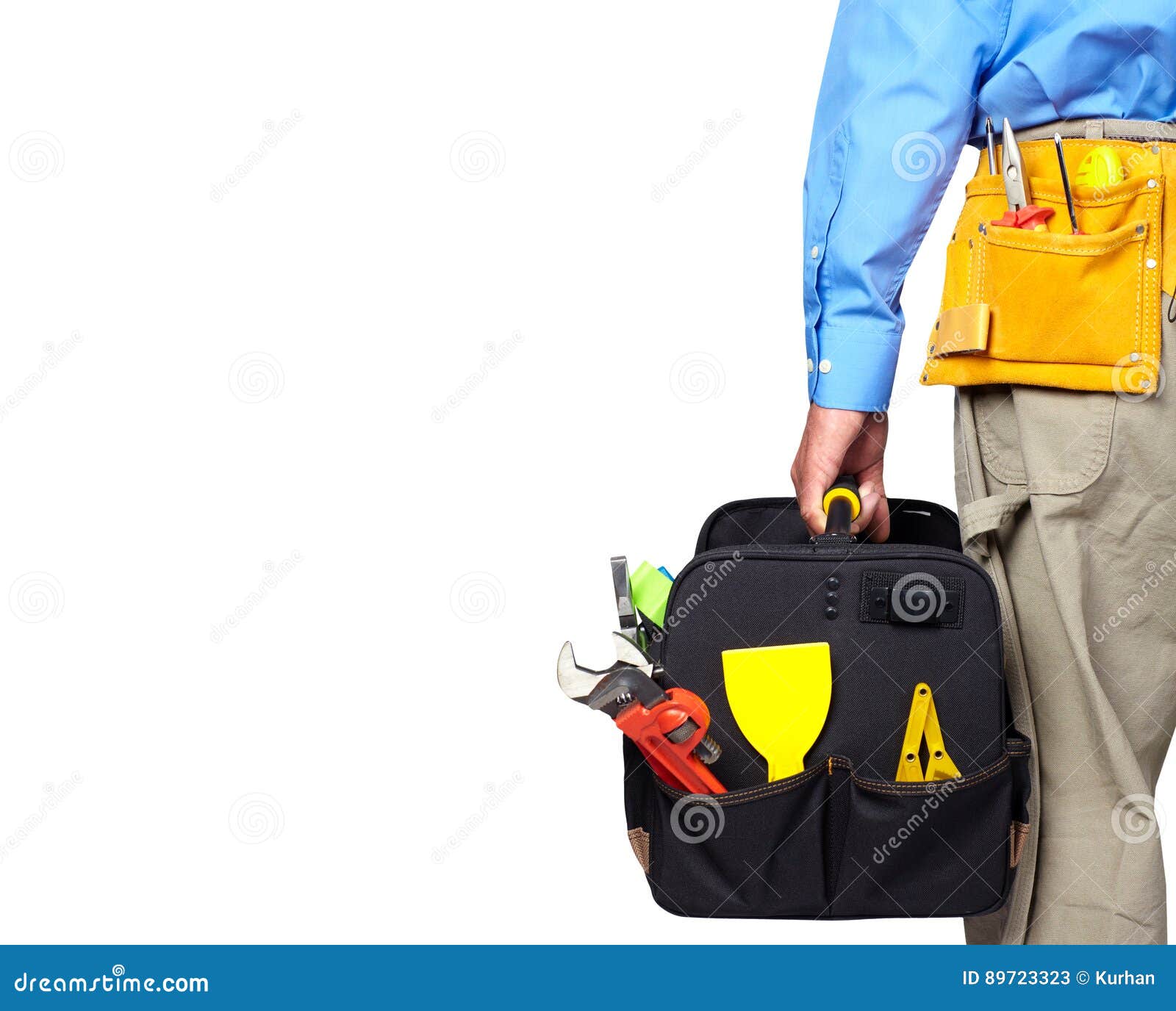 Hand of Handyman with a Tool Bag. Stock Image Image of construction