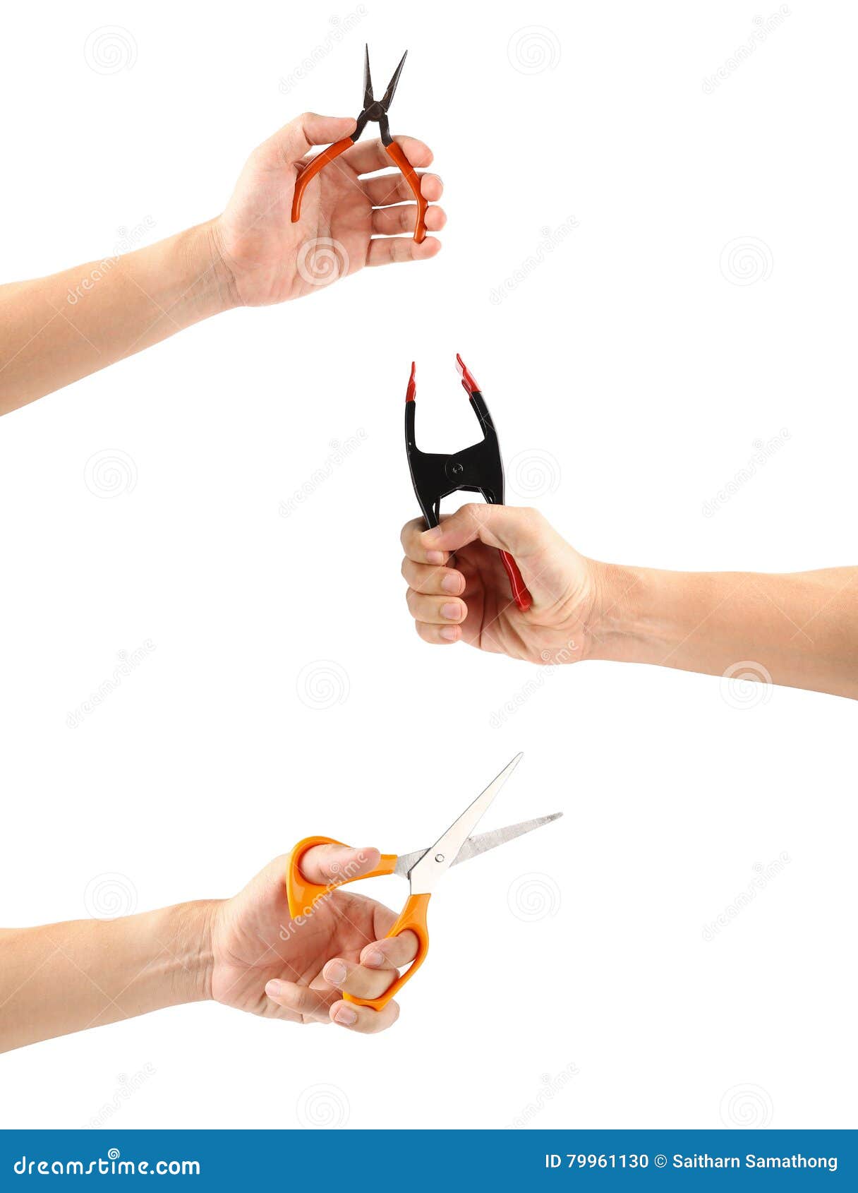 Hand Hold a Pliers Three Action on a White Background. Stock Photo