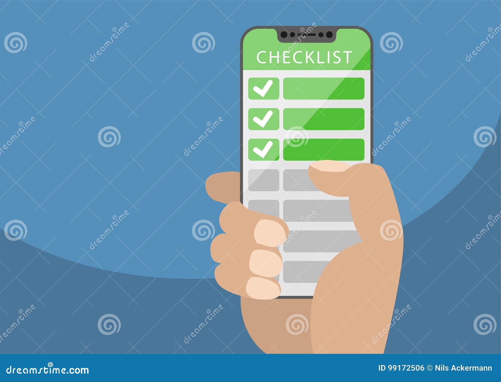 hand holding bezel-free smartphone with green checklist as concept for mobile and online todo lists.   with fra