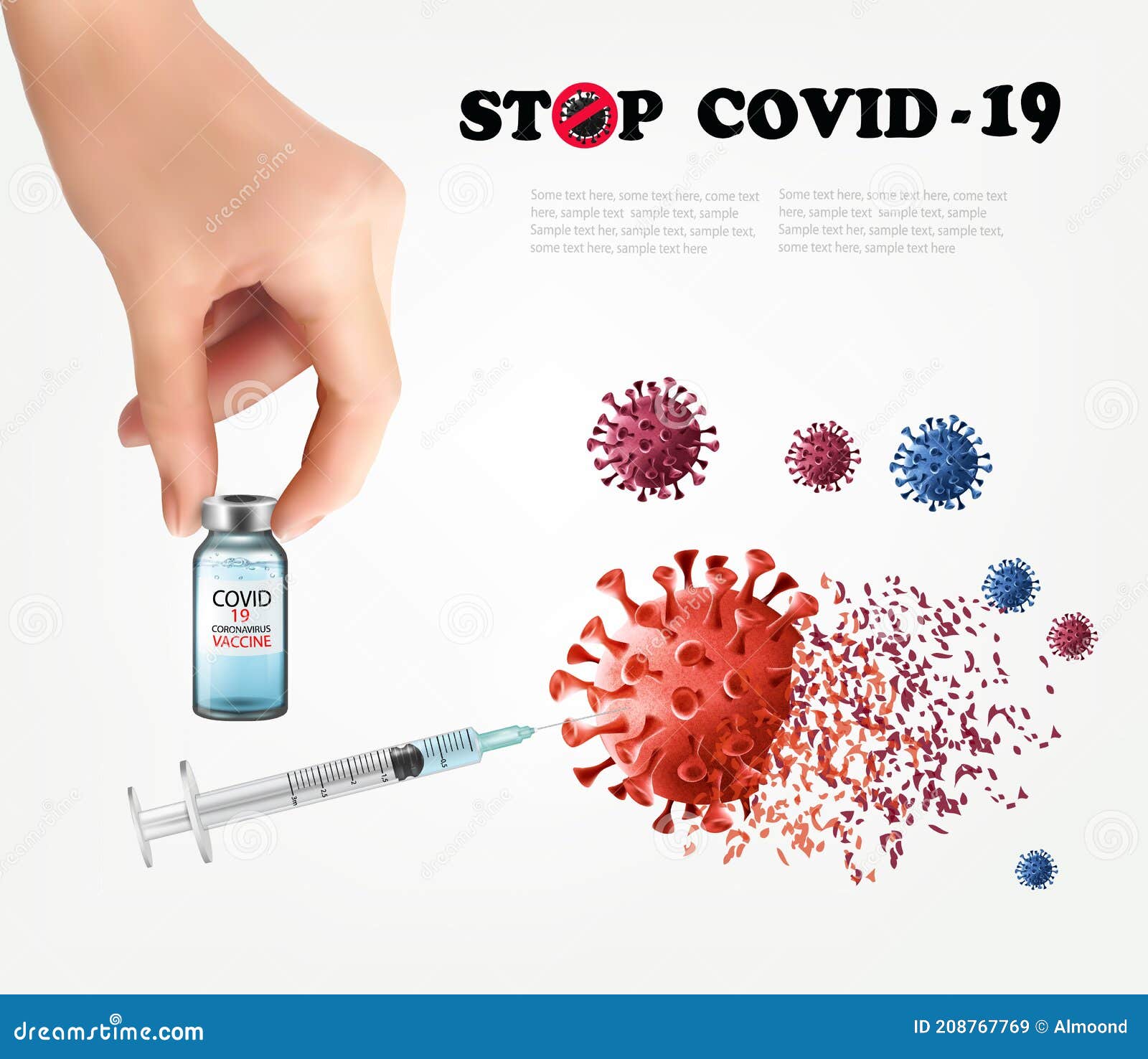 hand holding bottle with vaccine destroying virus molecule. covid-19 virus vaccination with syringe injection tool for covid19