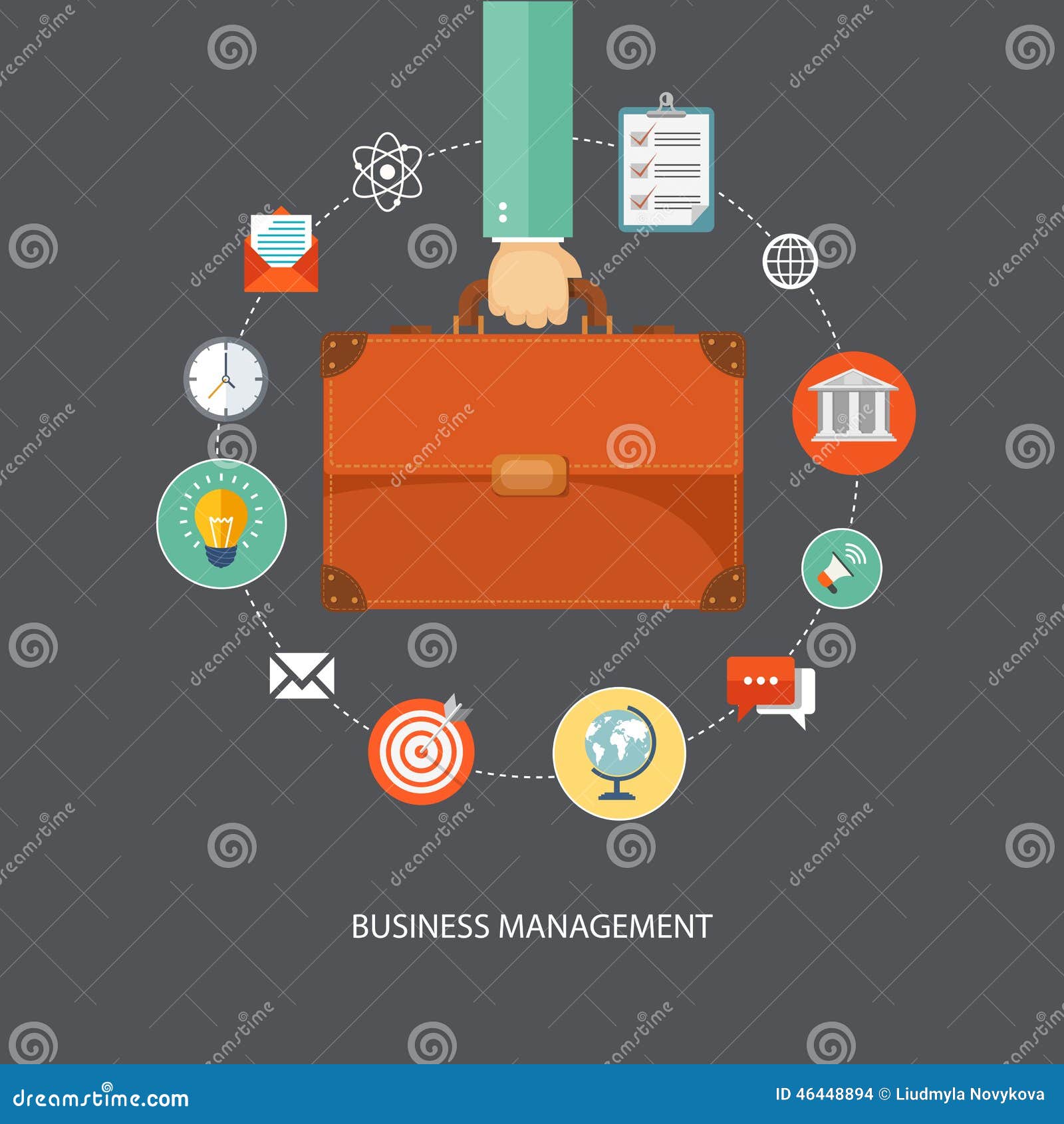 hand holding briefcase with icons. business management flat 