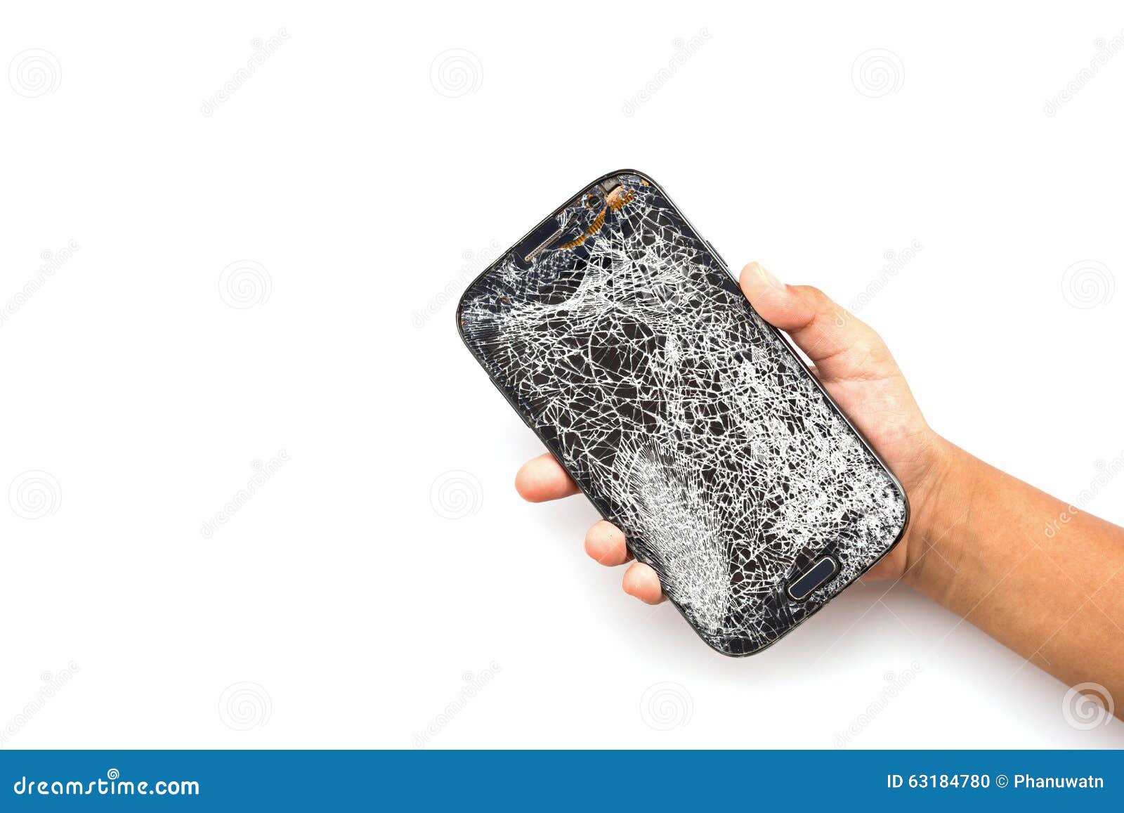 Hand Holding Broken Smart Phone Isolated on White Stock Photo Image