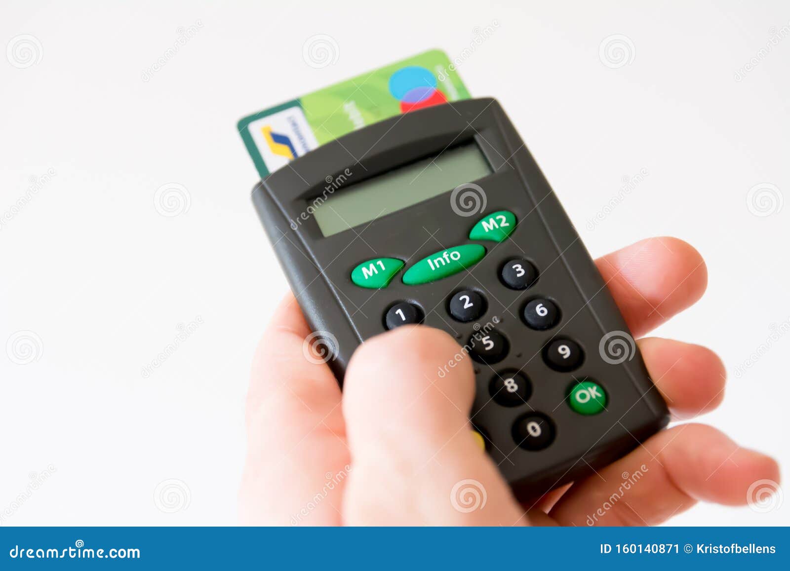 Hand Holding Card Reader for Mobile Home Banking, Isolated, White  Background. Fingers Entering Pin Code Editorial Photo - Image of  electronic, homebanking: 160140871