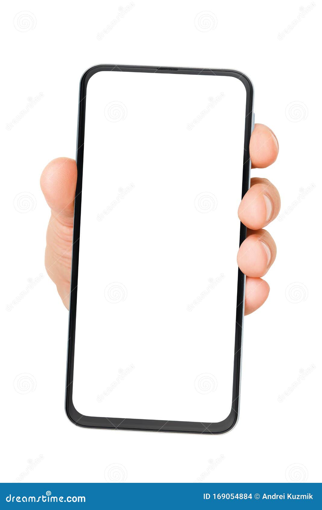 hand holding cellphone with empty screen  on white