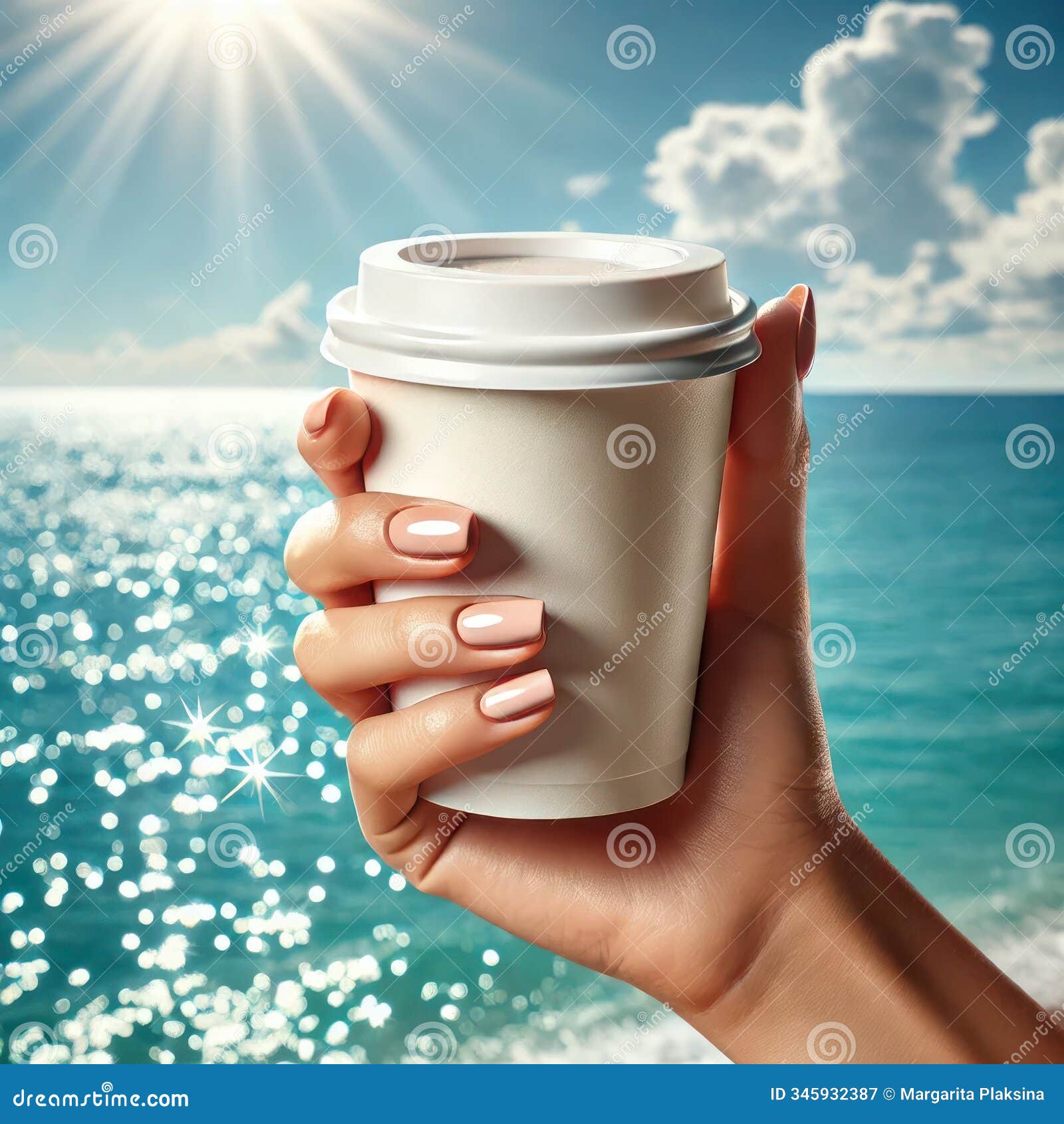 hand holding coffee cup against scenic ocean background