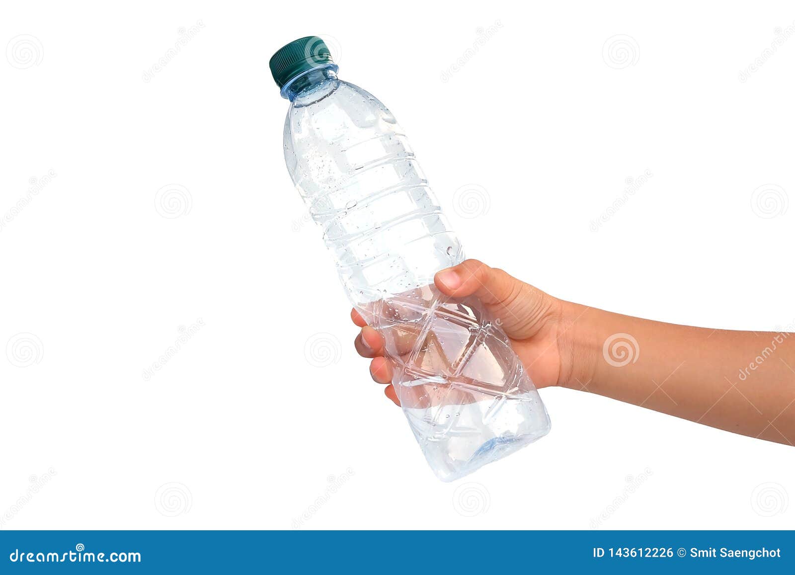 Hand, Holding Empty Plastic Bottle Isolated on White Background Stock
