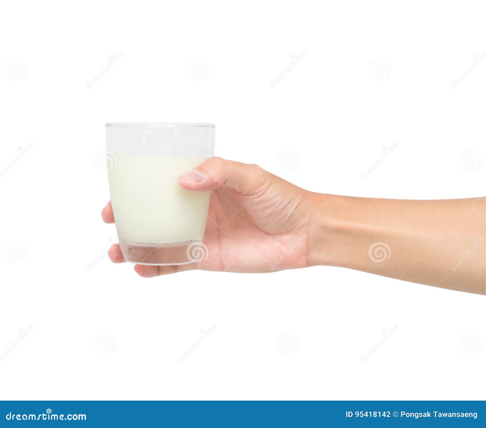 Hand Holding Glass Of Milk Isolated On White Background With Clipping