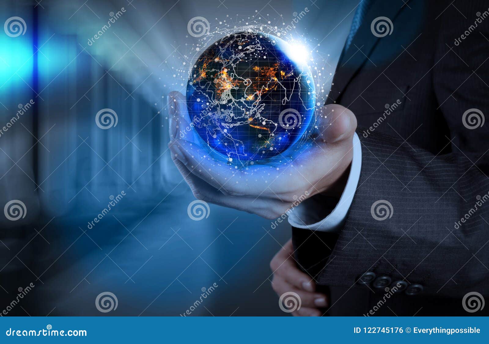 hand holding global world telecommunication network connected around planet earth