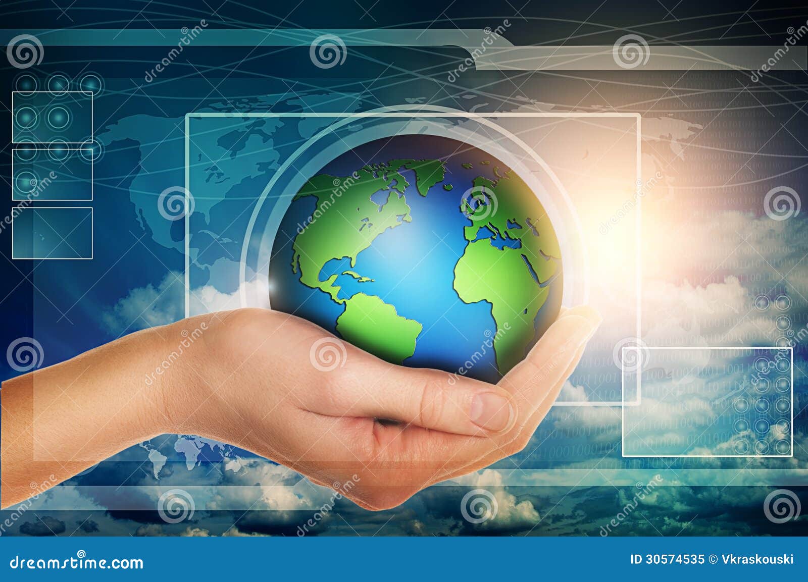 Hand Holding Globe In Blue Virtual Interface Stock Illustration