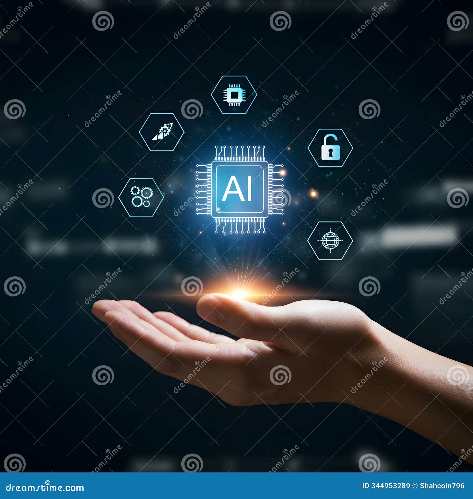hand holding glowing ai chip with technology icons â ai-generated digital innovation