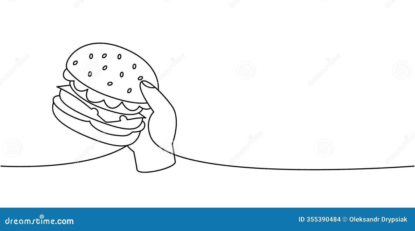 hand holding a hamburger one line continuous drawing. traditional american fast food.  .