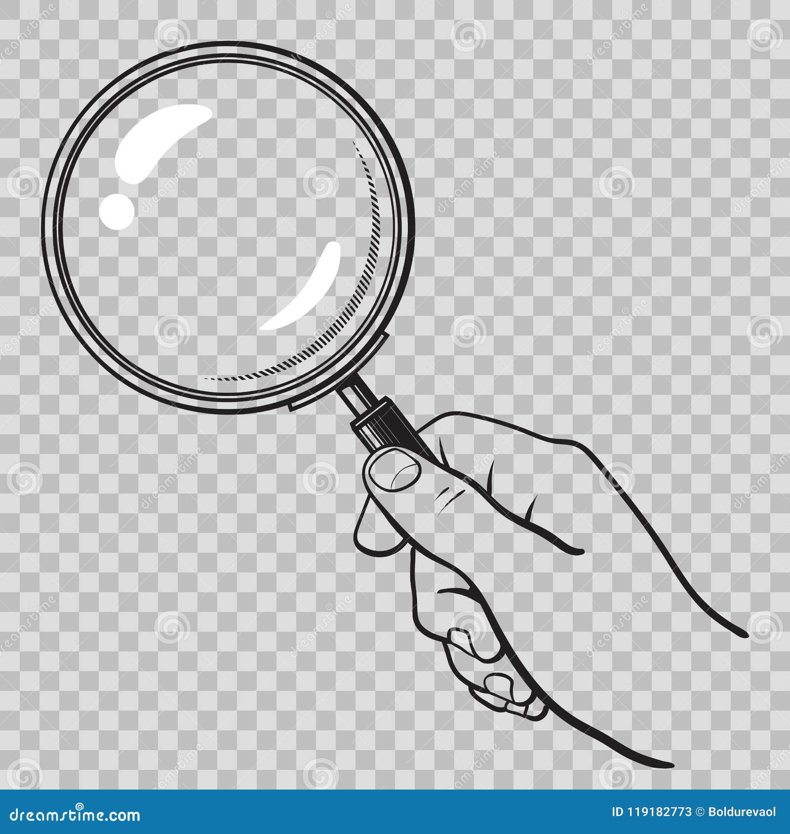 Hand Holding Magnifying Glass On Transparent Background Stock