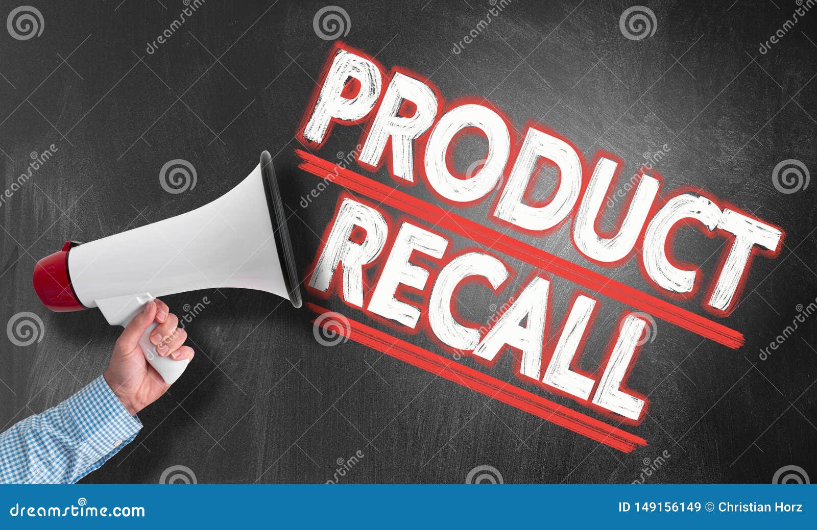 hand holding megaphone against blackboard with text product recall