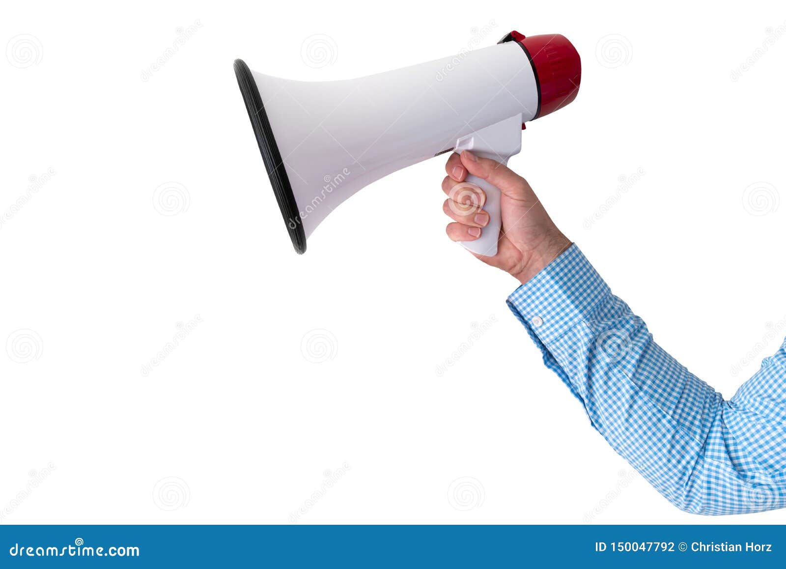 Hand Holding Megaphone Or Bullhorn Isolated On White Stock Photo