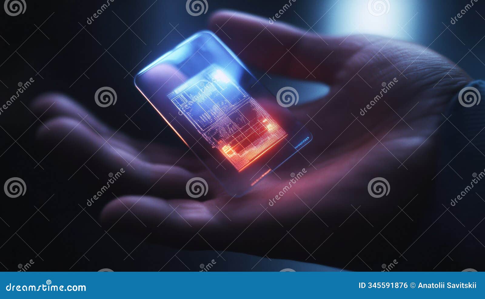 a hand is holding a micro biochip that projects holographic health metrics amidst a sleek technology backdrop