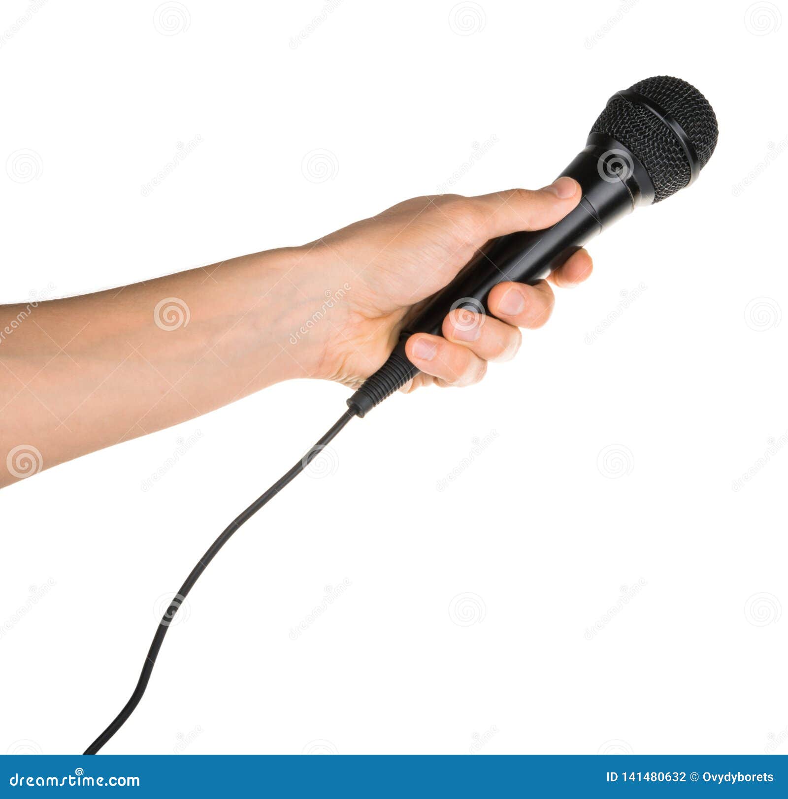 Hand Holding Microphone Isolated on White Clipping Path Stock Photo