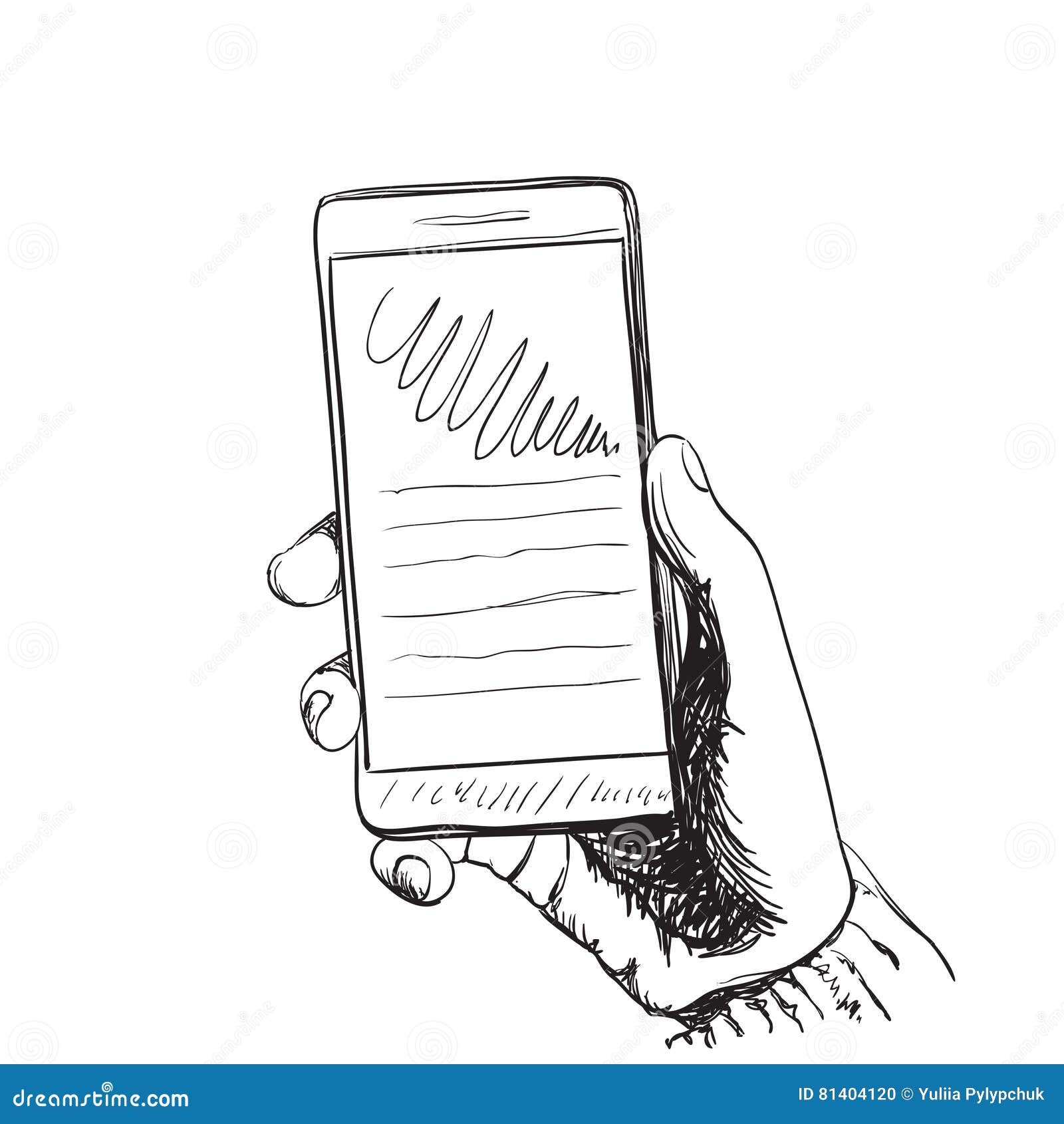 Hand Holding Mobile, Arm with Cell, Line Art Drawing Phone. Stock Vector Illustration of