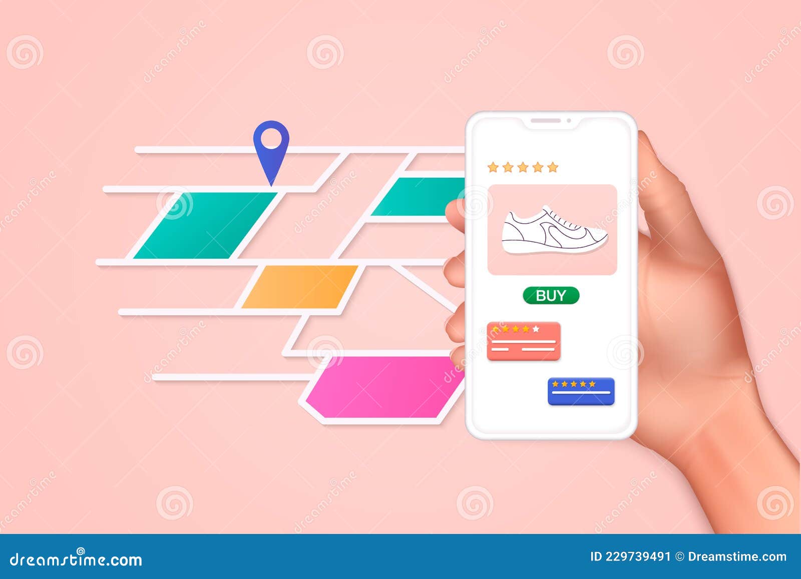 Hand Holding Mobile Smart Phone App with Track Displayed with Route. Vector Tracking Concept