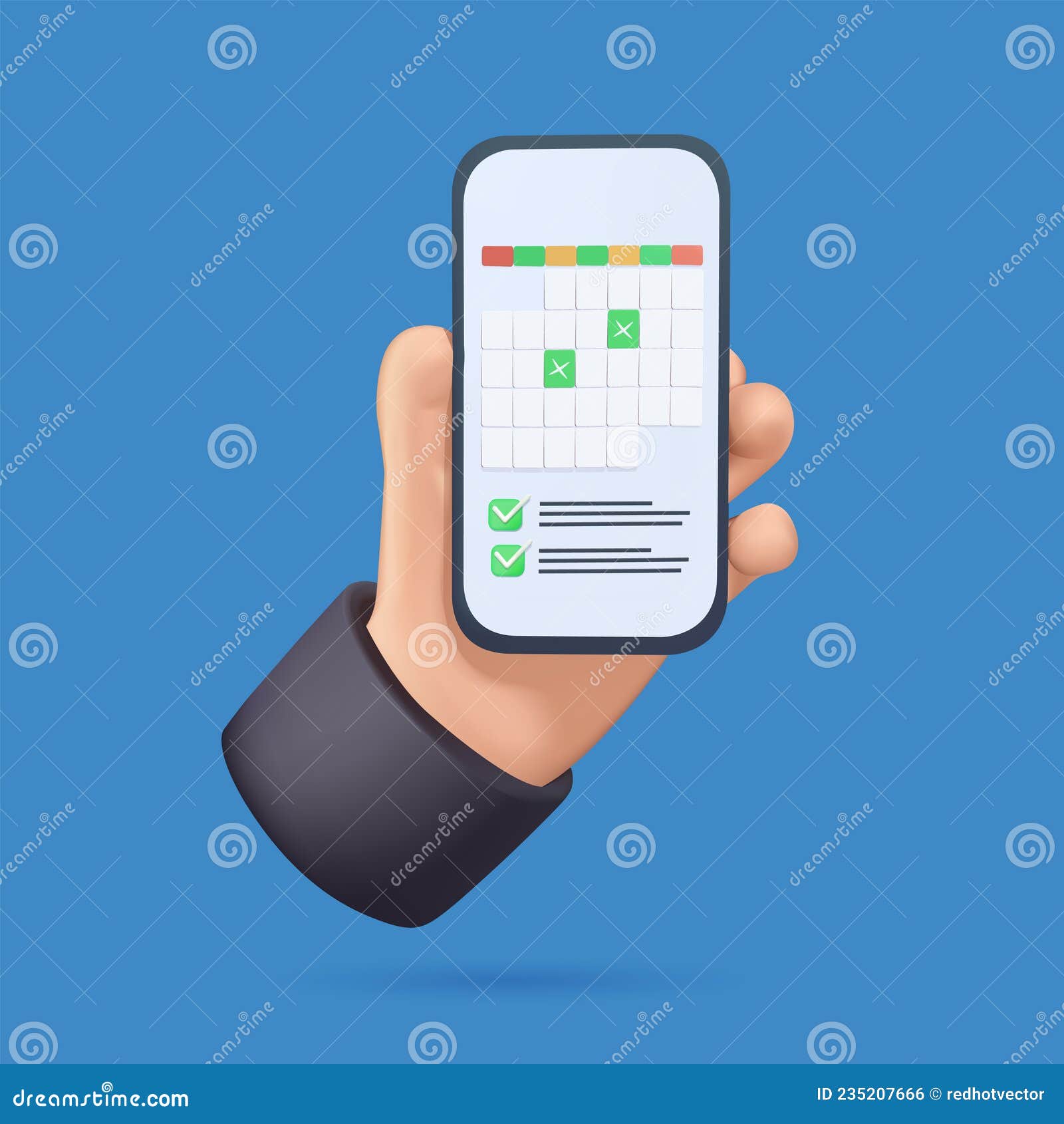 Hand Holding Mobile Smart Phone with Calendar Plan. Vector Modern Flat