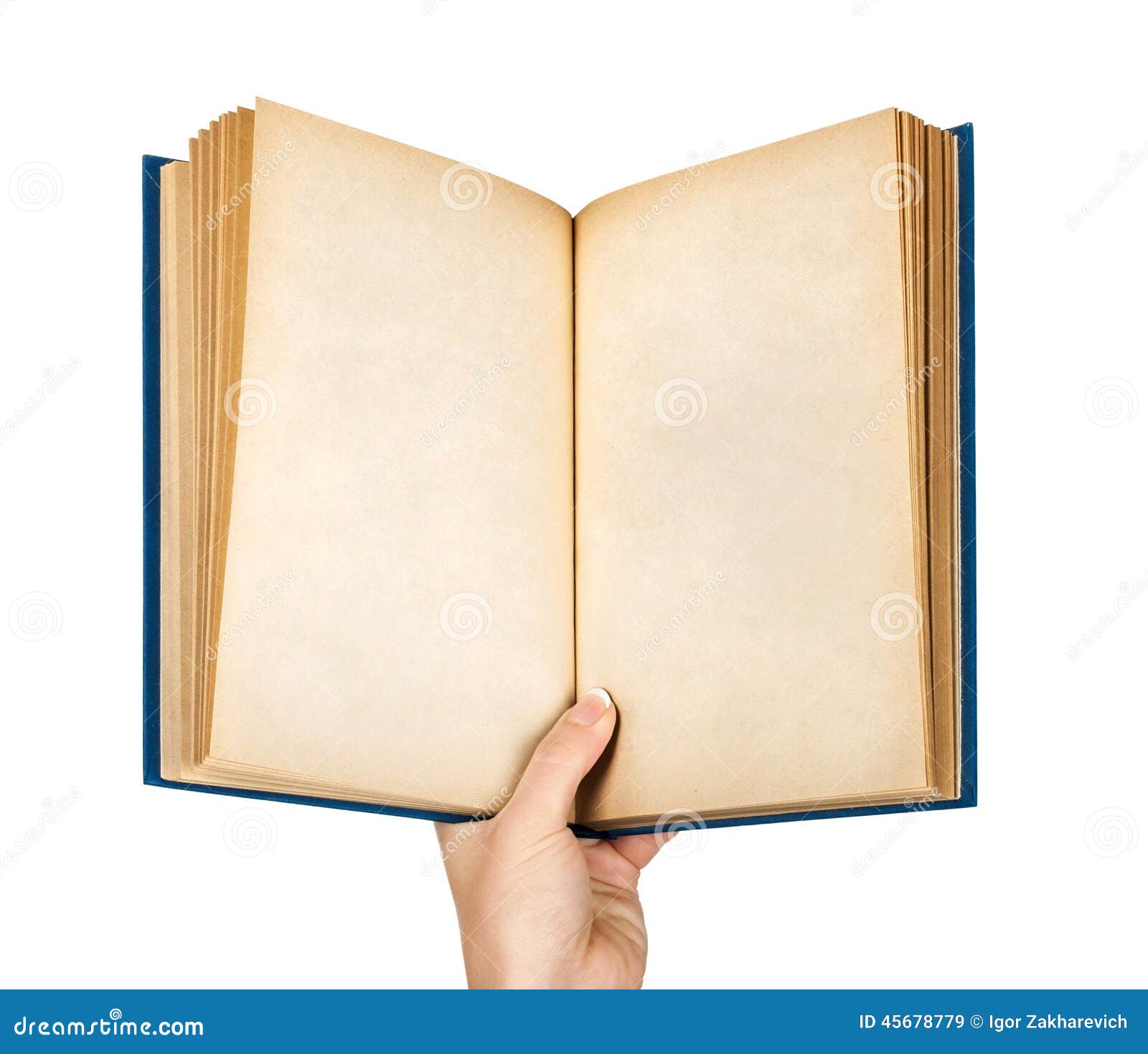 Hand Holding an Open Book in an Empty Vintage Blue Cover Stock Image